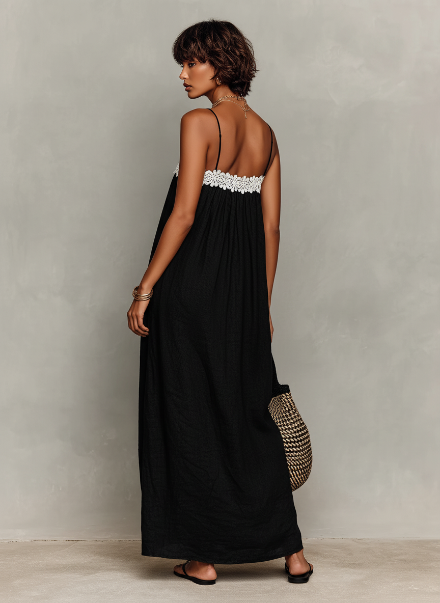 Minimalist Women's Maxi Dresses Made of Linen Fabric with Lace Panels, Strapless with Spaghetti Straps MDZ1926C9Y
