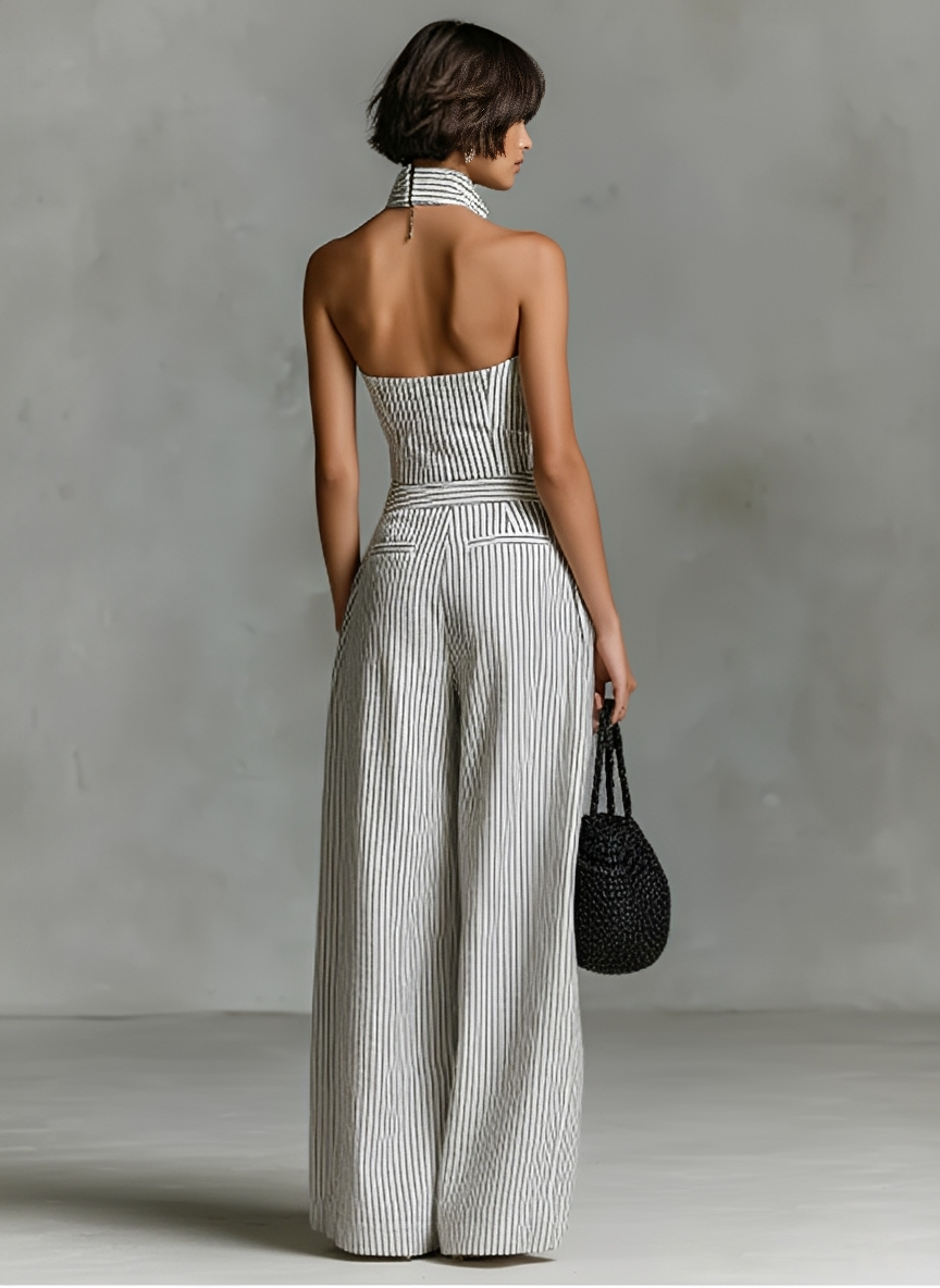 Minimalist Women's Suit with Stripes Made of Linen Fabric, Sleeveless with One Button Closure MDZ1950C7Y
