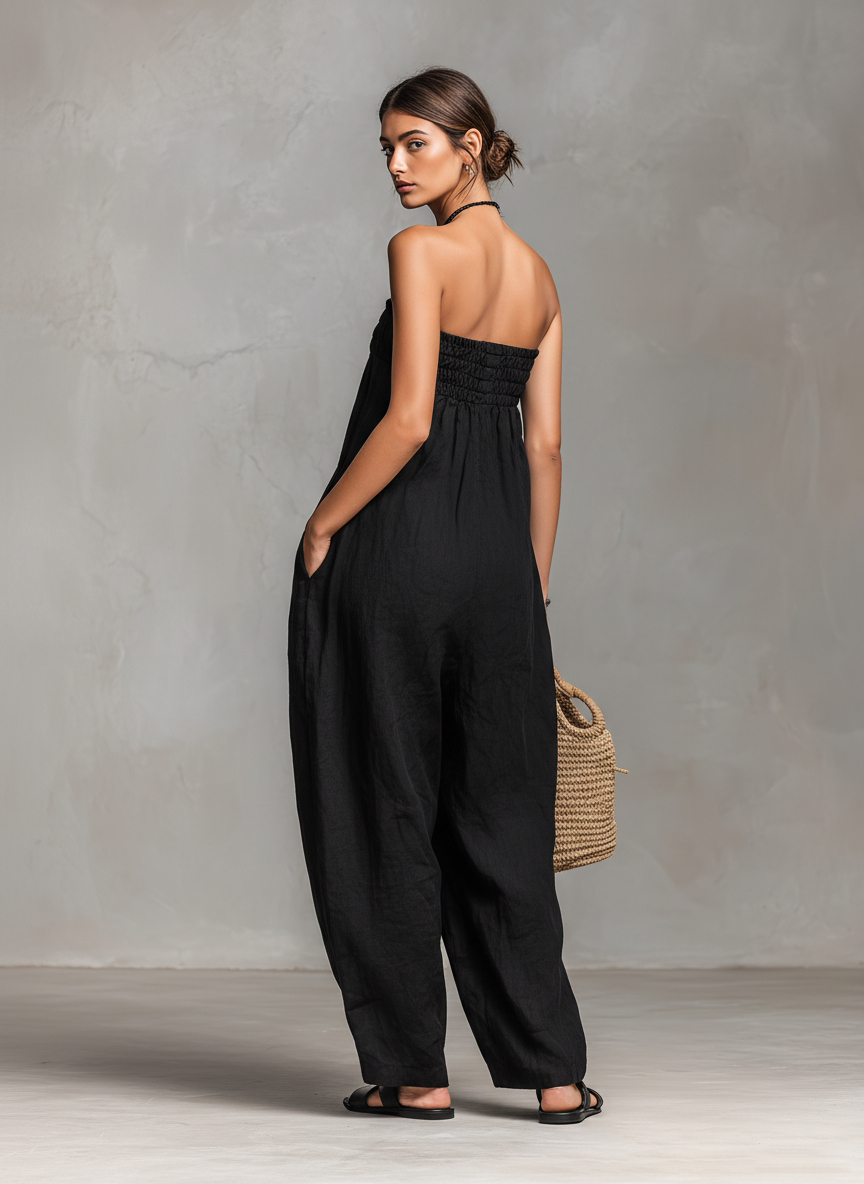 Loose Fit Linen Women's Jumpsuit with Tie Closure MDZ2024A9Y