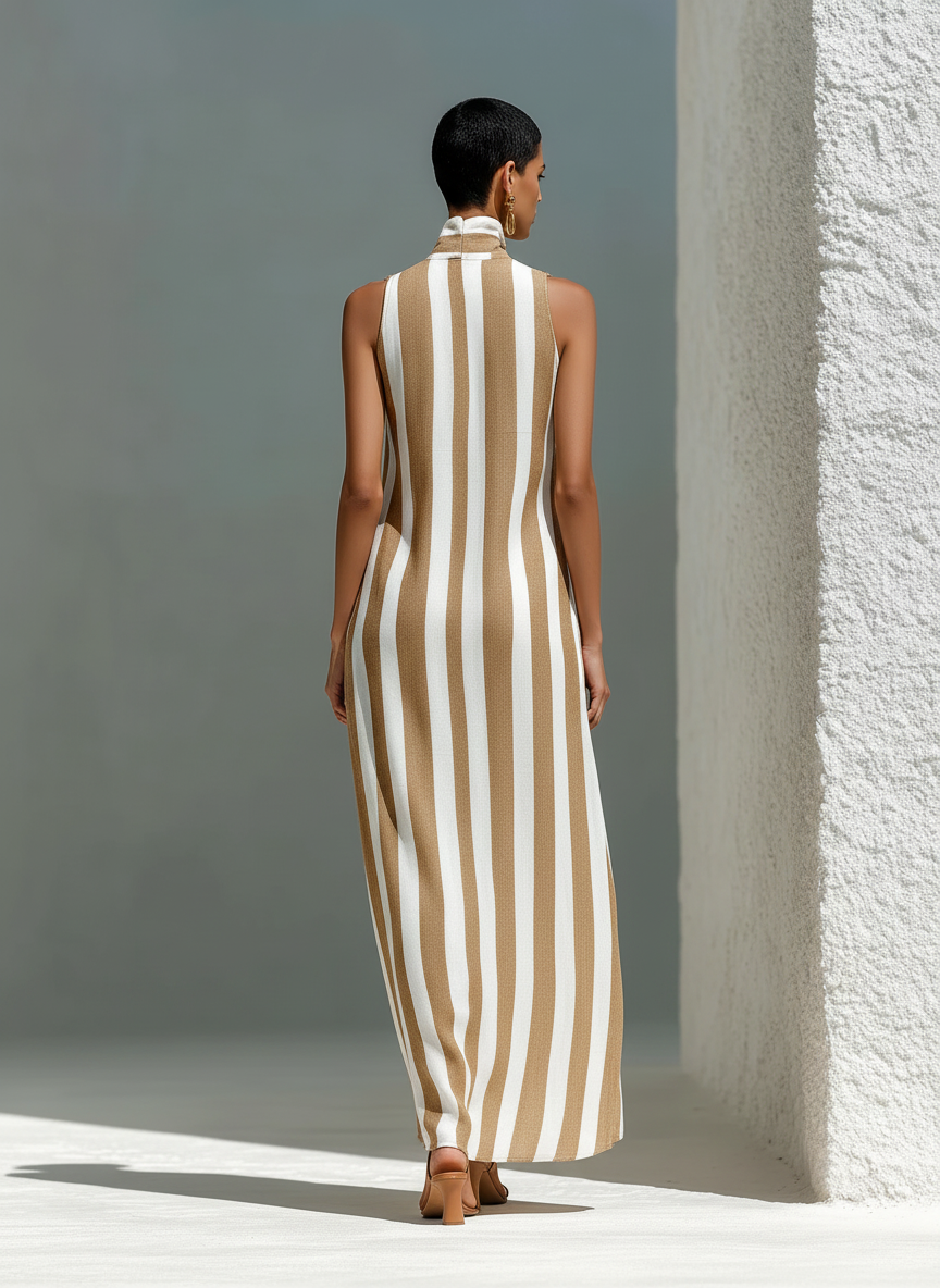 Maxi Dresses for Women in Brown with White Stripes, Featuring a Stand Collar and Sleeveless Design MDZ2026D2T