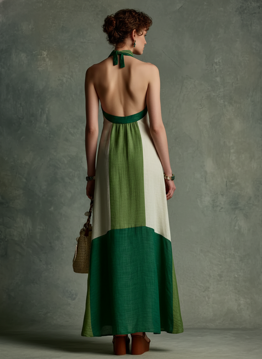 Women's Maxi Dress in Vacation Style in Green and White with V-Cut Neckline and Designed Waist MDZ2051E3GMJ