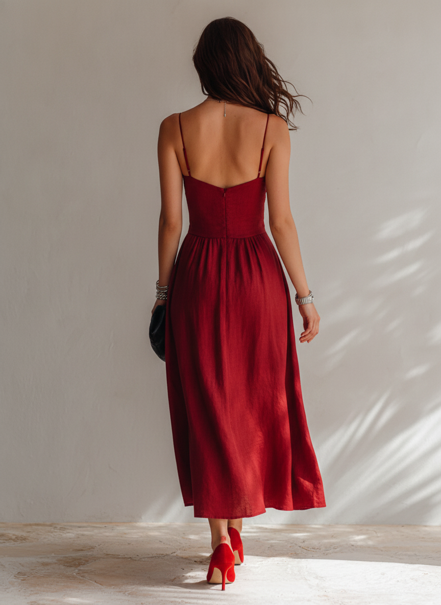 Midi Dress for Women Made of Linen Fabric with Spaghetti Straps