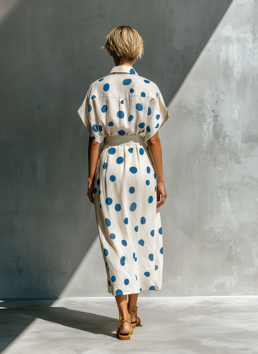 Women’s Shirt Dresses in Cream with Polka Dots, with Waist Belt and Pockets MDZ2481D3T