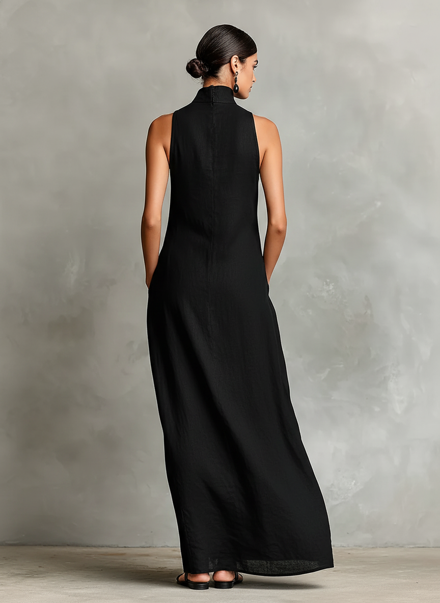 Black Maxi Dresses for Women with High Collar and Side Pockets, Classic Minimalist Dress MDZ2597D7LYL