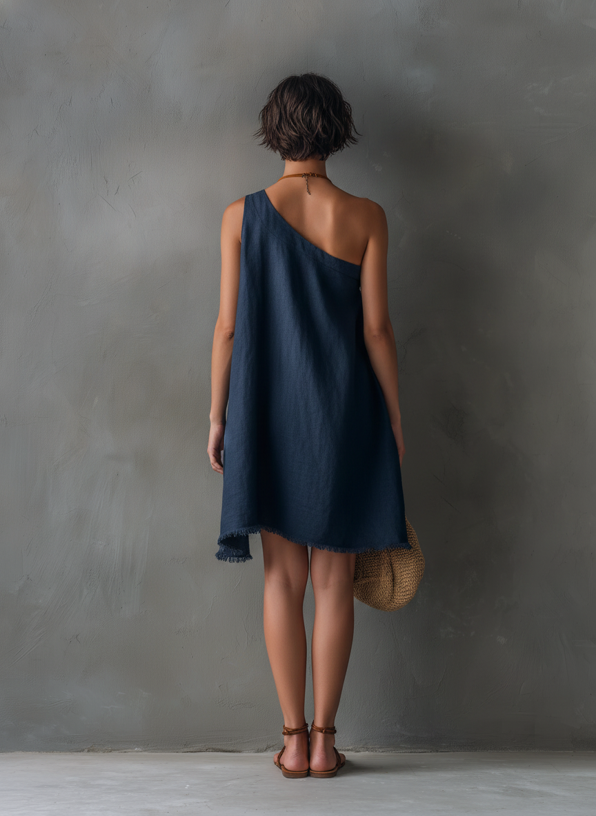 Mini Dresses for Women with One Shoulder, Sleeveless, Made of Linen Blend with Frayed Edges MDZ2597E0Y