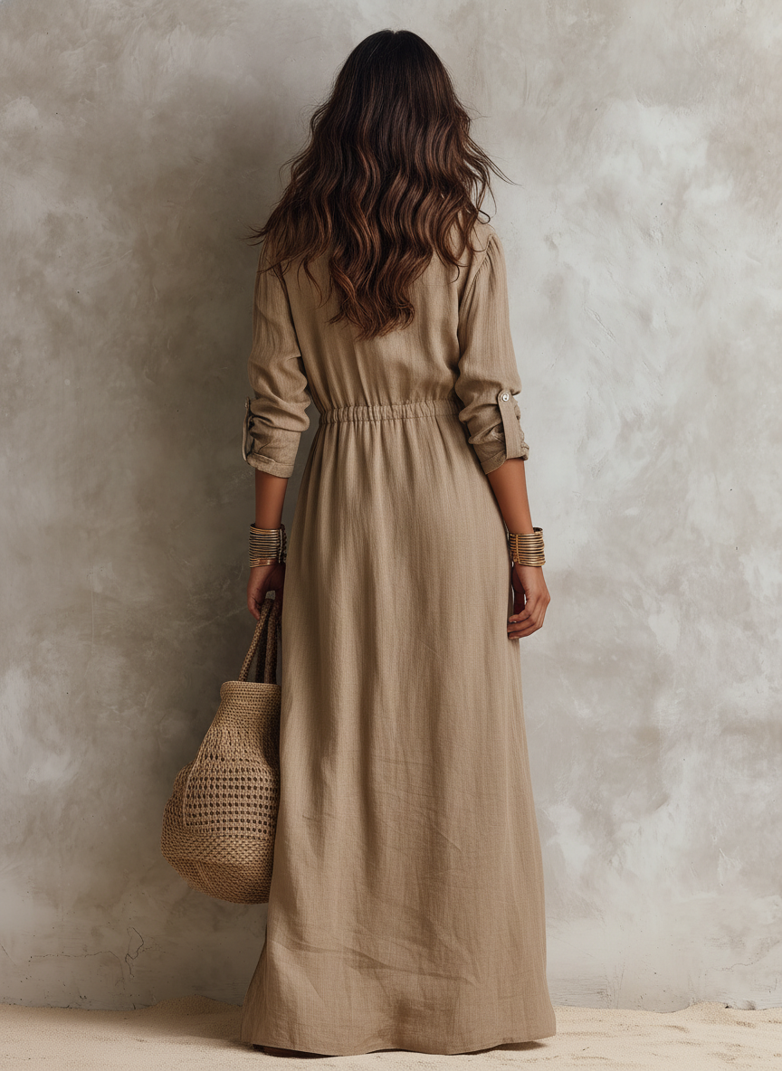 Long Maxi Dress for Women in Camel Brown Color Made of Cotton-Linen MDZ2617F4LXY