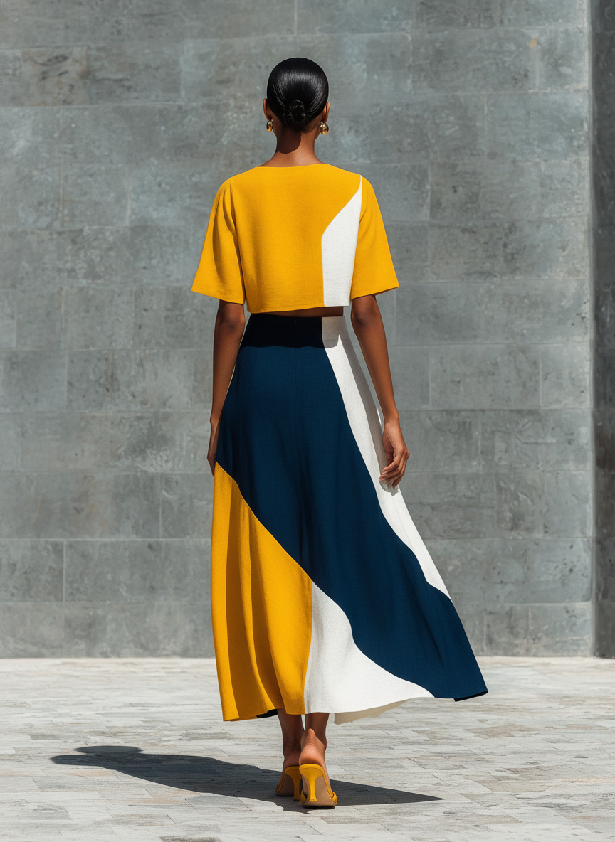 Matching Set for Women - Cropped Top with Puff Sleeves in Various Colors and Asymmetrical Midi Skirt with High Waist MDZ2654F3T