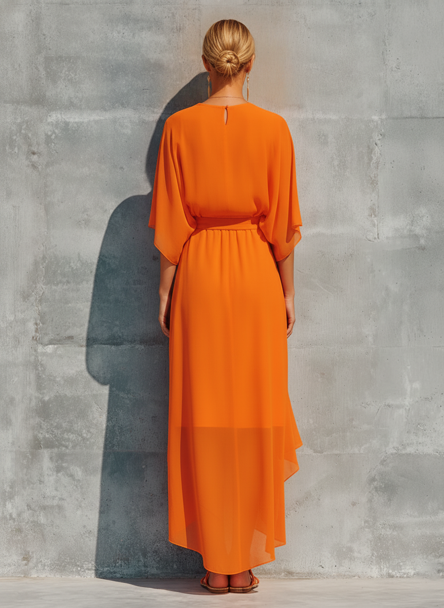 Orange Chiffon Top Set for Women with Asymmetrical Midi Skirt with Ruffles MDZ2662F6T