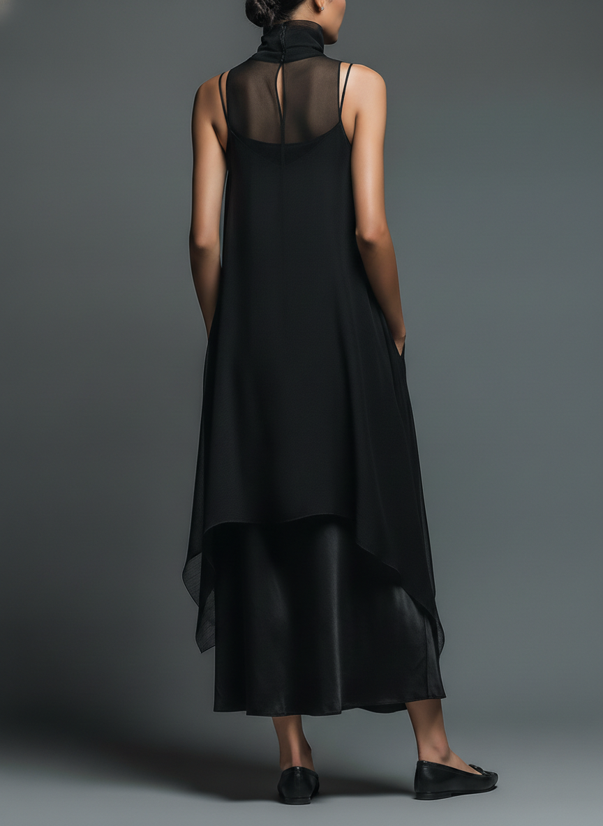 Minimalist Slip Dresses for Women in Acetate Blend with Maxi Dress and Chiffon Layer MDZ2702A3Y