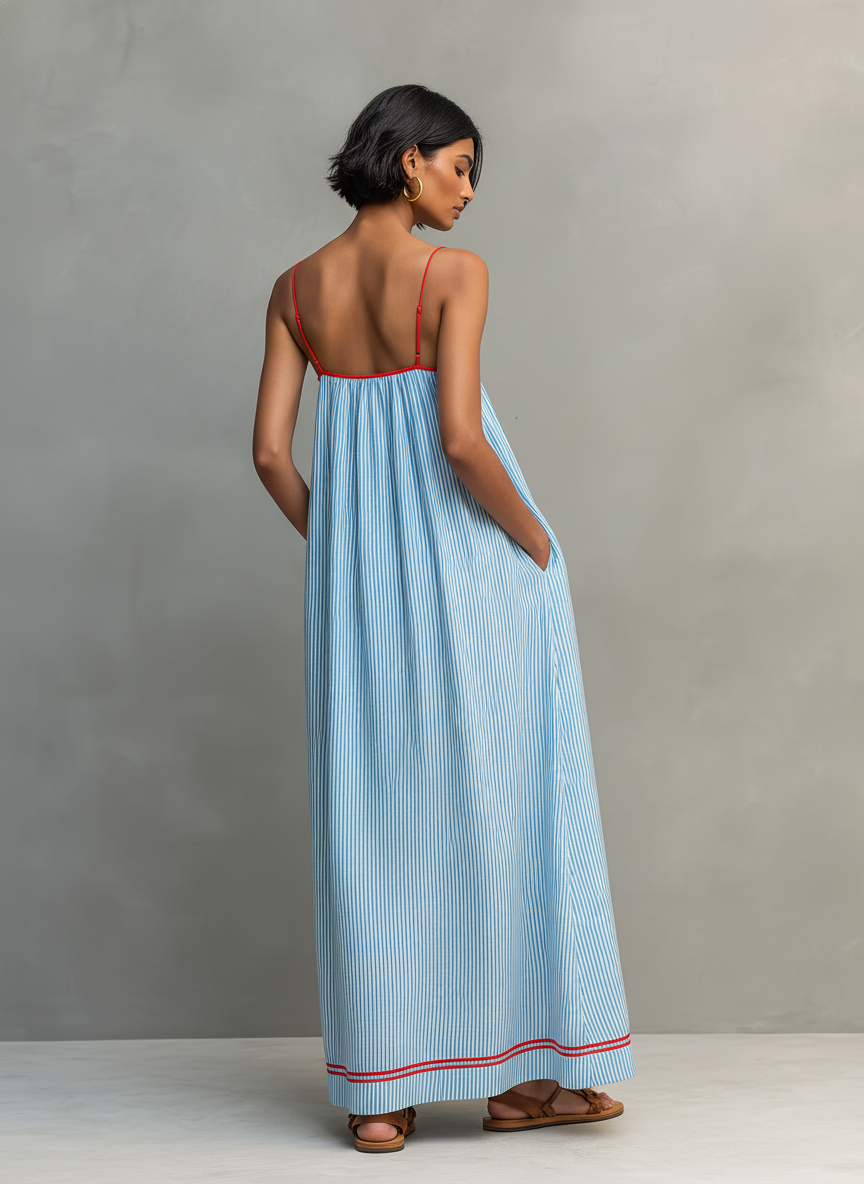 Striped Minimalist Maxi Dresses for Women with Red Edges and Spaghetti Straps MDZ2710C3Y