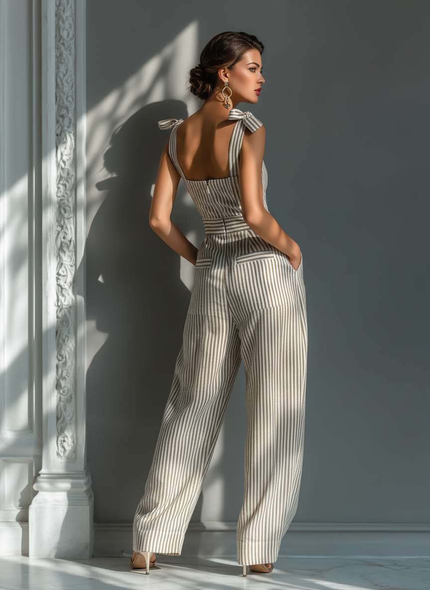 Women's Beige and White Striped Linen Suit with Square Collar and Ties MDZ2733B8T