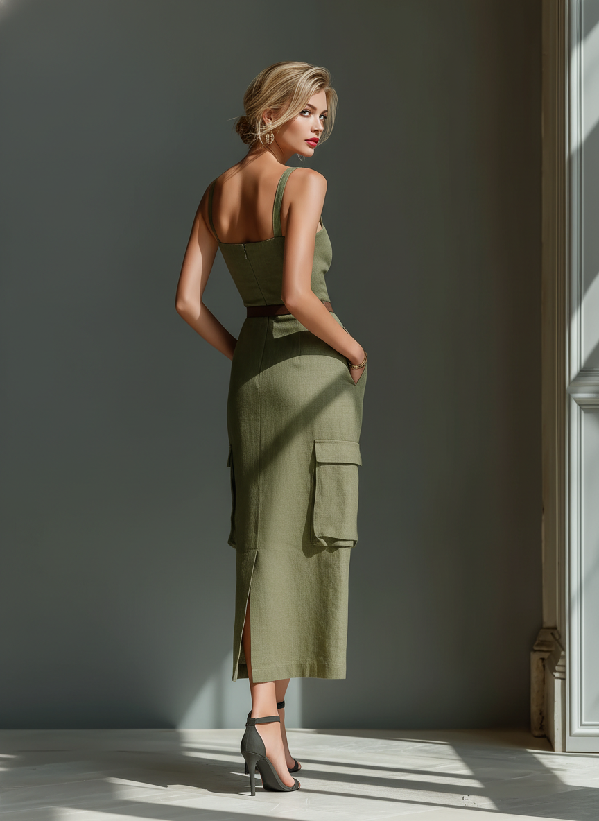 Olive Green Midi Dress for Women Made of Linen Fabric, Sleeveless with Cargo Pockets and Waist with Belt MDZ2753A1T