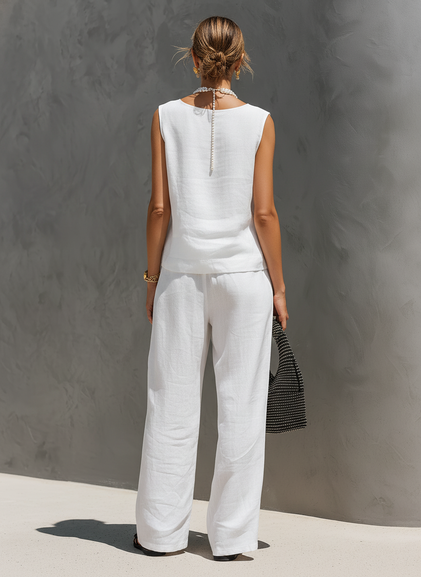 Casual Women's White Cotton-Linen Top and Skirt Set with V-Neck and Sleeveless Design (Padded) MDZ2866C9AN