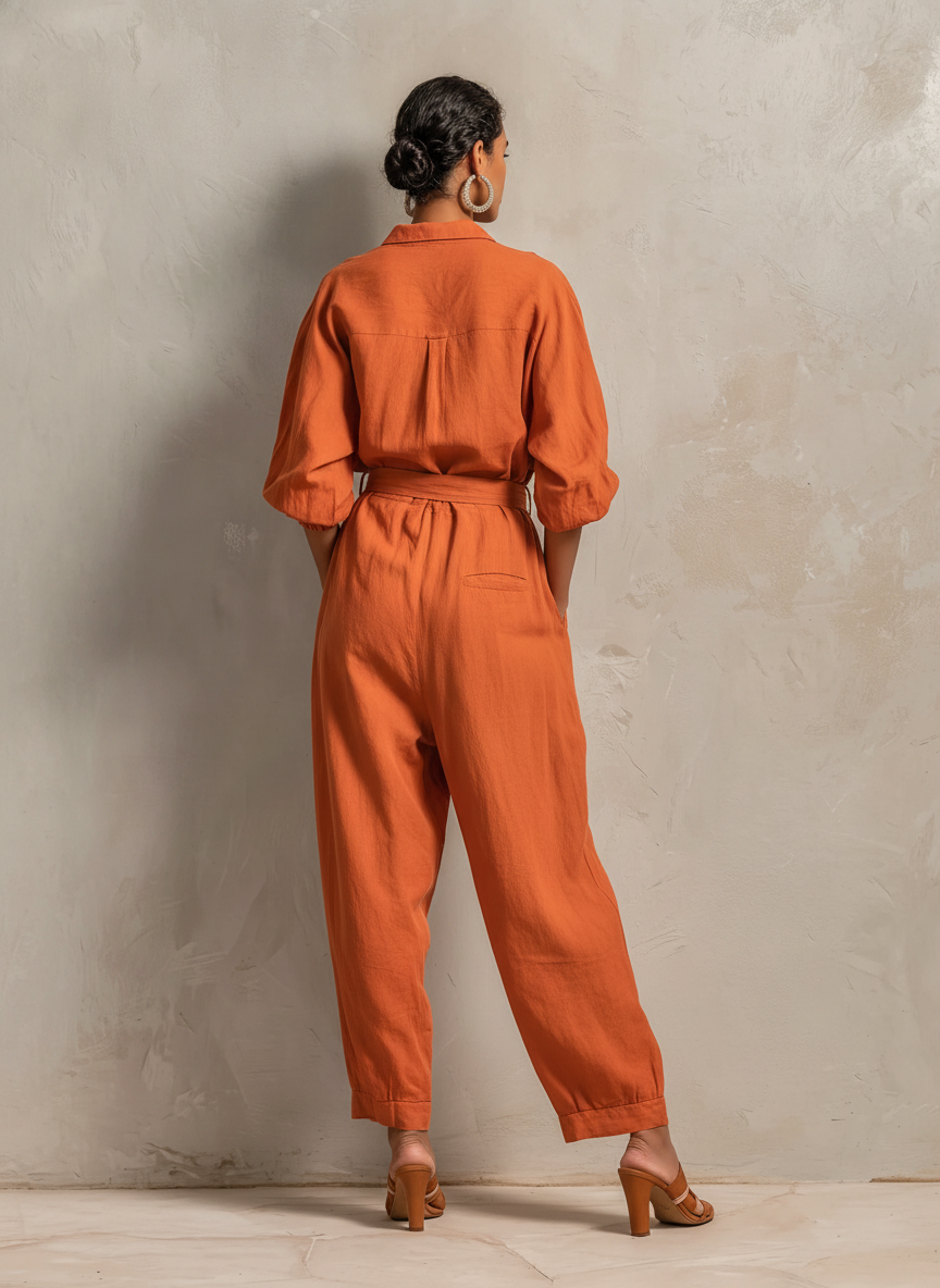 Women's Cotton-Linen Blend Jumpsuit with Belt — Wide Pants and Medium-Length Sleeves MDZ2965E9ZJW