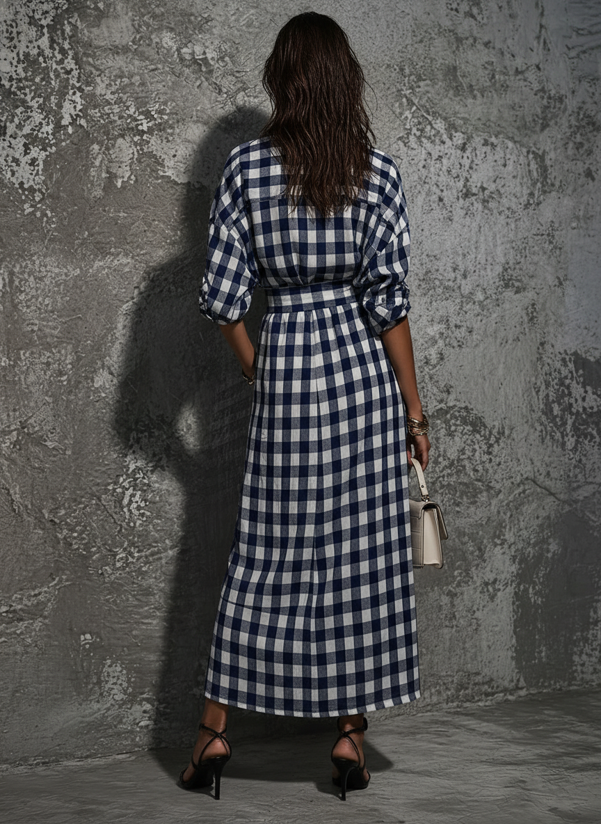 Cotton Maxi Dress with Belt in Casual Style for Women, Blue and White Stripes, with Front Slits MDZ2982D6GMJ