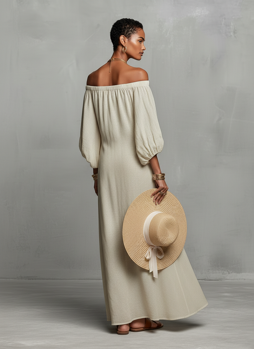Embroidered Maxi Dress for Women in a Minimalist Look with Three-Quarter Sleeves and Off-the-Shoulder MDZ3063A3Y