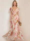 V-neck dresses with short sleeves, floral printed with ruffles