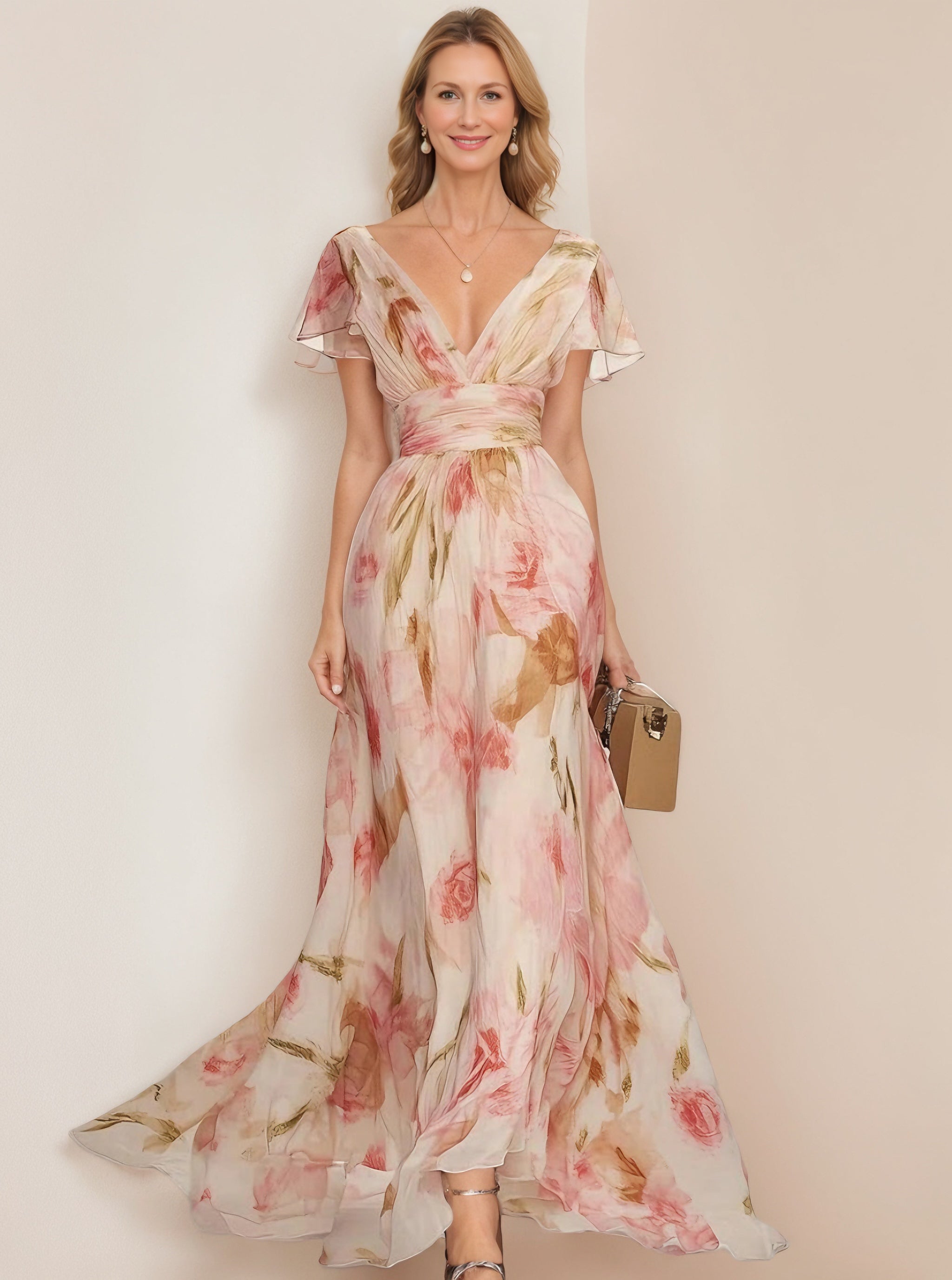 V-neck dresses with short sleeves, floral printed with ruffles