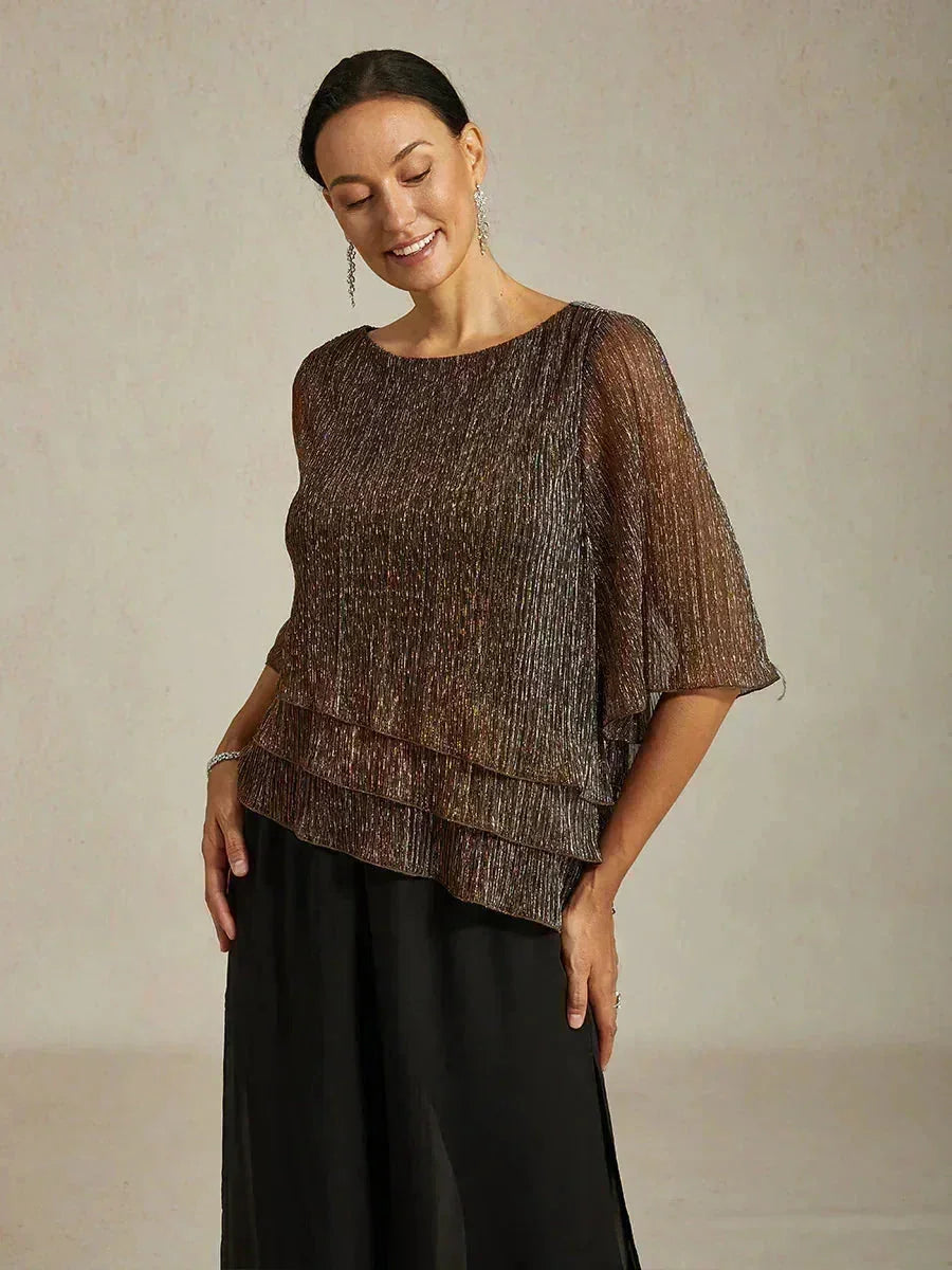 Asymmetrical Layered Shirt in Crinkled Metallic Chiffon