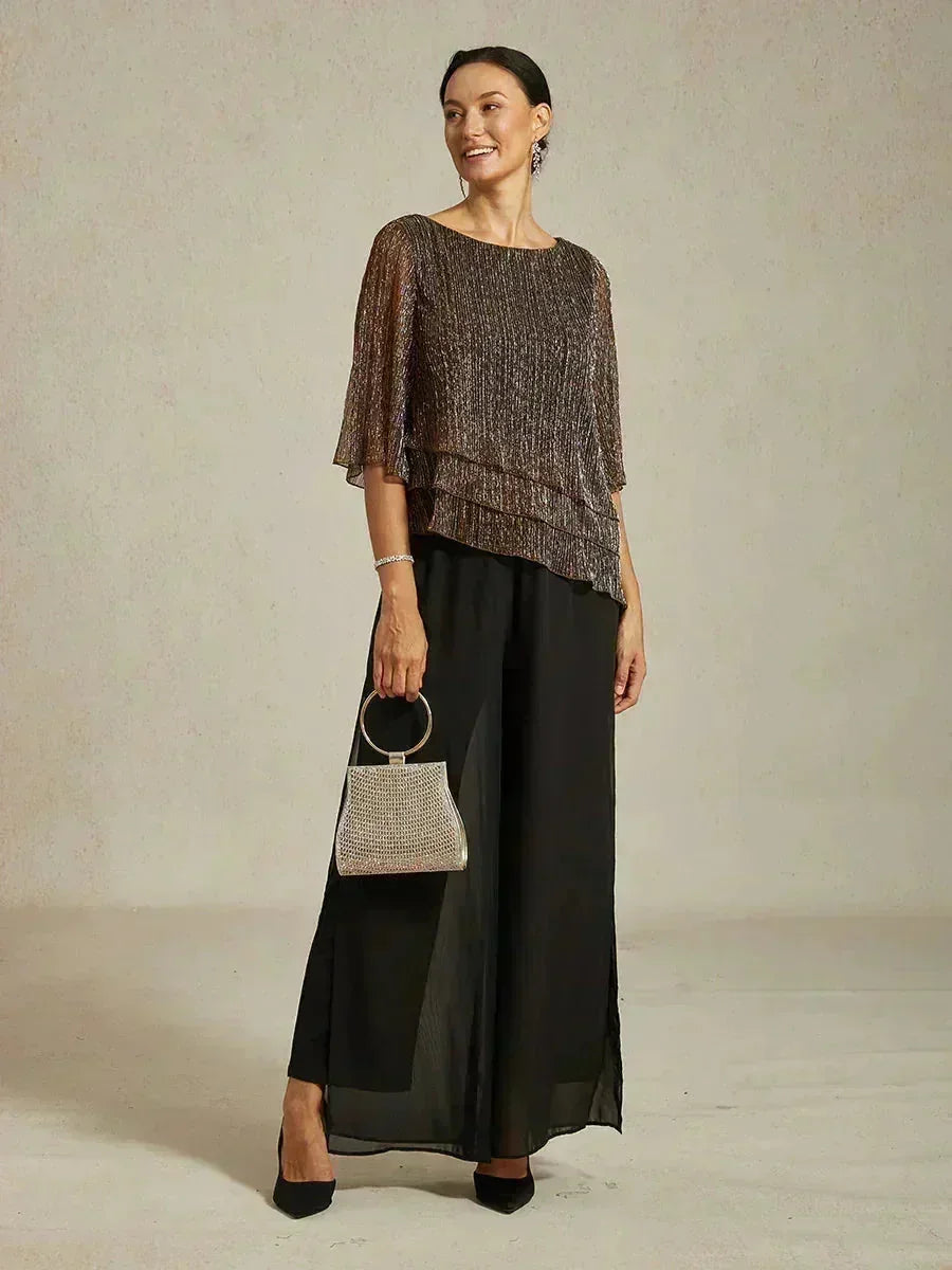 Asymmetrical Layered Shirt in Crinkled Metallic Chiffon