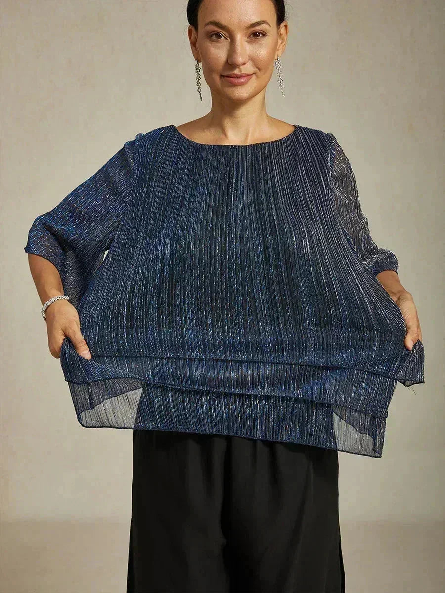 Asymmetrical Layered Shirt in Crinkled Metallic Chiffon