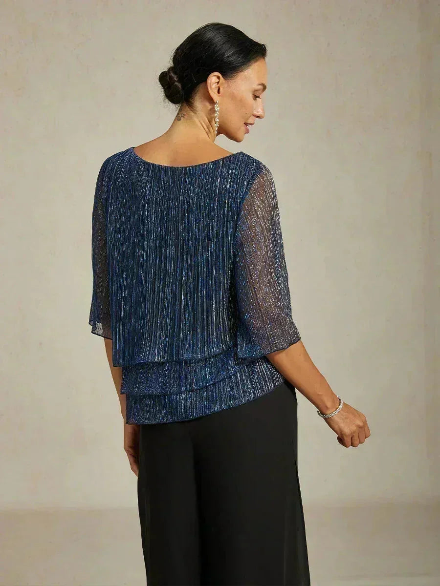 Asymmetrical Layered Shirt in Crinkled Metallic Chiffon