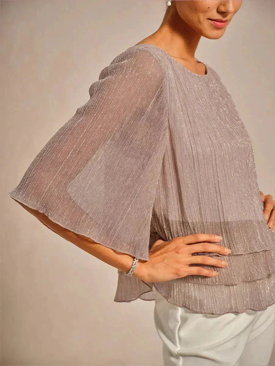 Asymmetrical Layered Shirt in Crinkled Metallic Chiffon