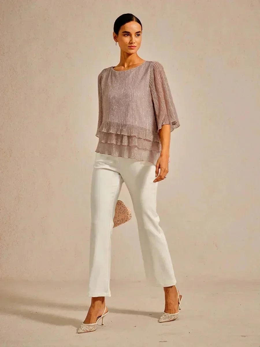 Asymmetrical Layered Shirt in Crinkled Metallic Chiffon