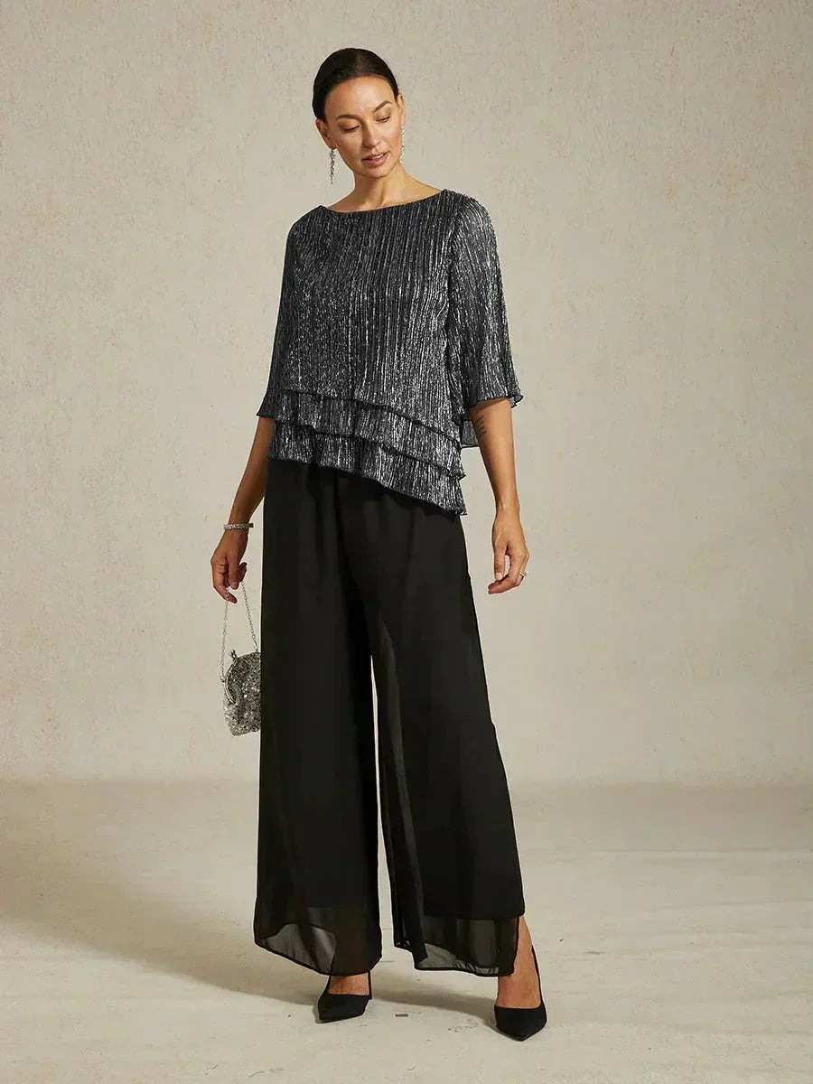 Asymmetrical Layered Shirt in Crinkled Metallic Chiffon
