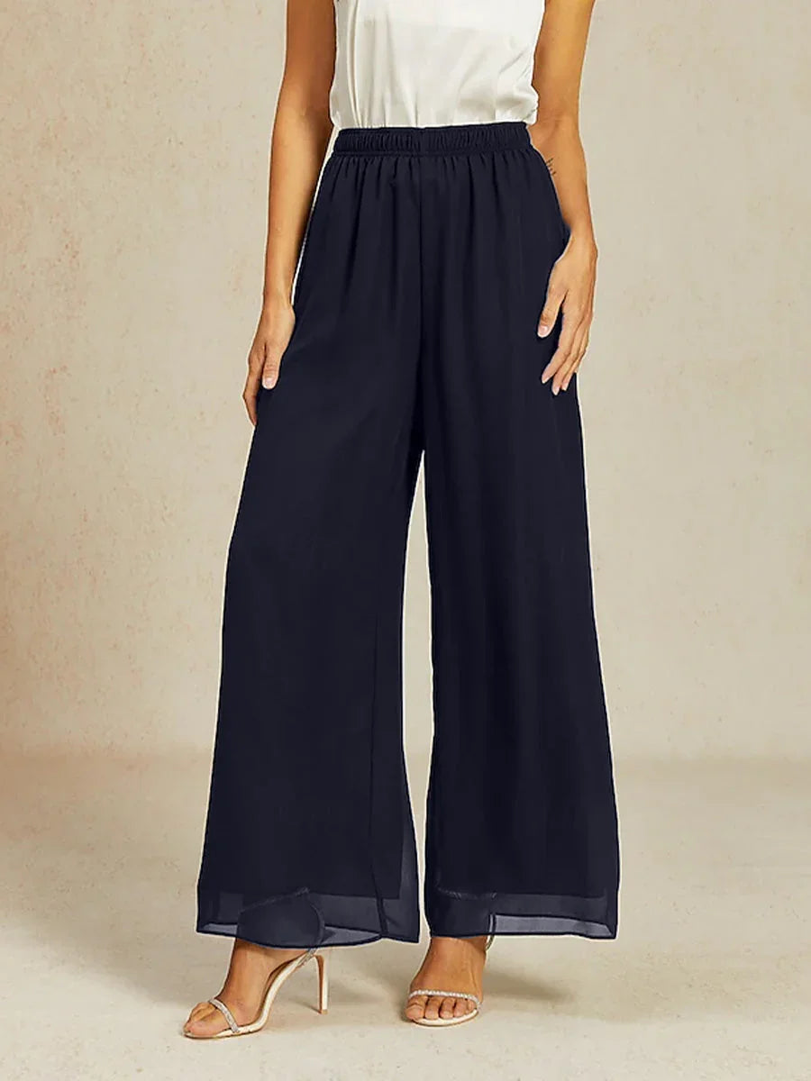 Wide Leg Chiffon Pants with Medium Height Elastic Waist