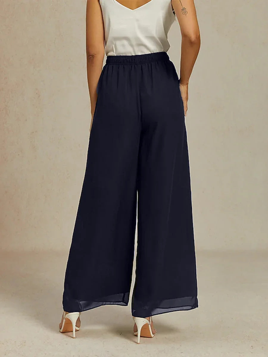 Wide Leg Chiffon Pants with Medium Height Elastic Waist