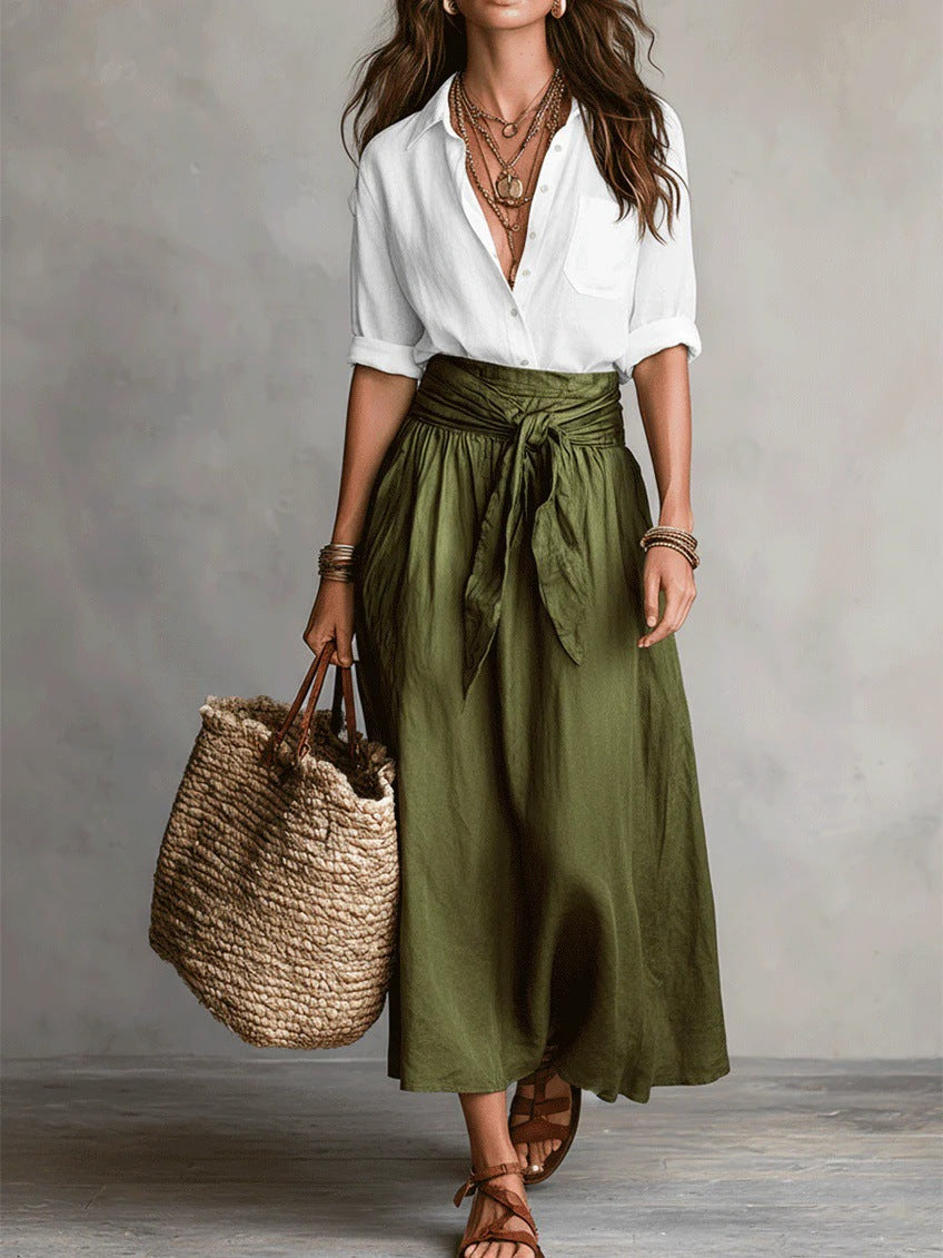 Vera – Two-Piece Set: Black Shirt and Olive Green Midi Skirt