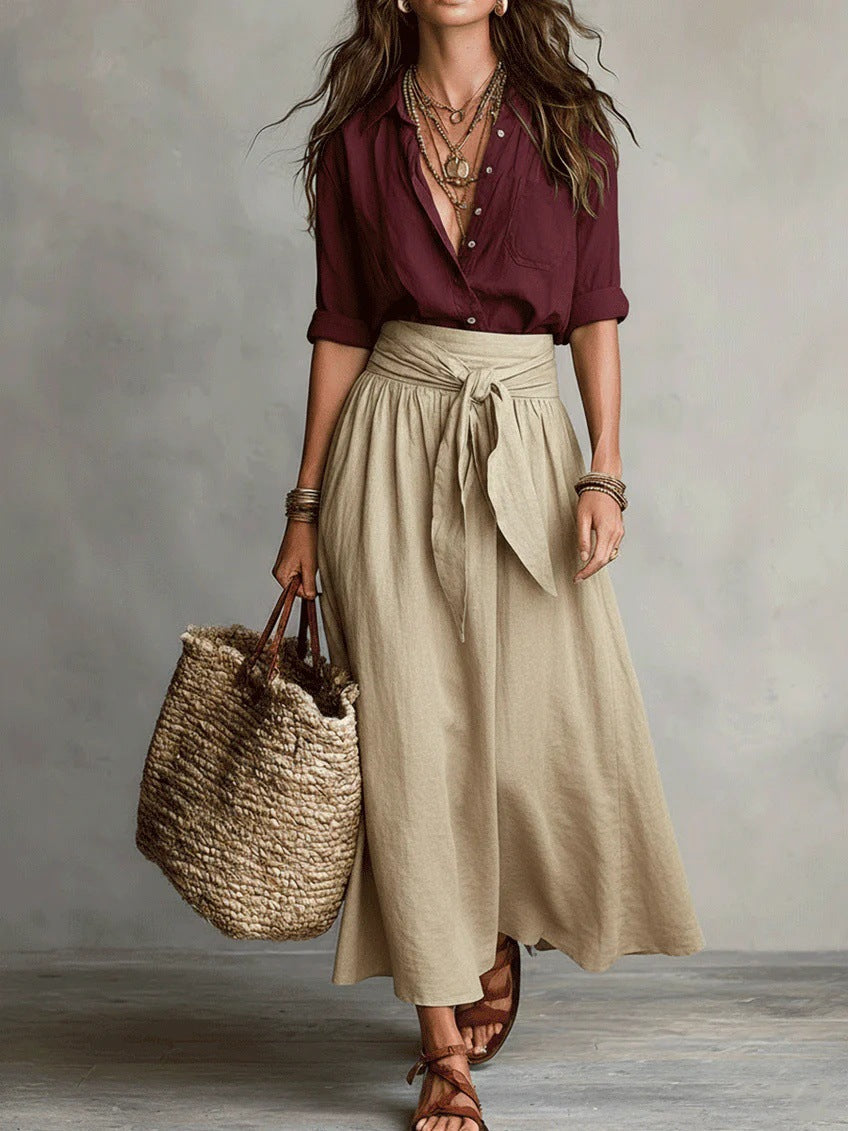 Vera – Two-Piece Set: Black Shirt and Olive Green Midi Skirt