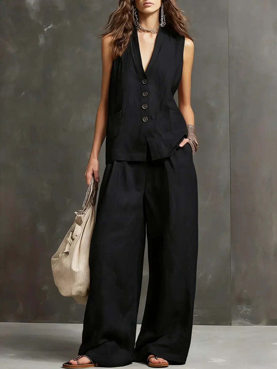Two-Piece Cotton and Linen Set with Sleeveless Jacket and Wide Pants