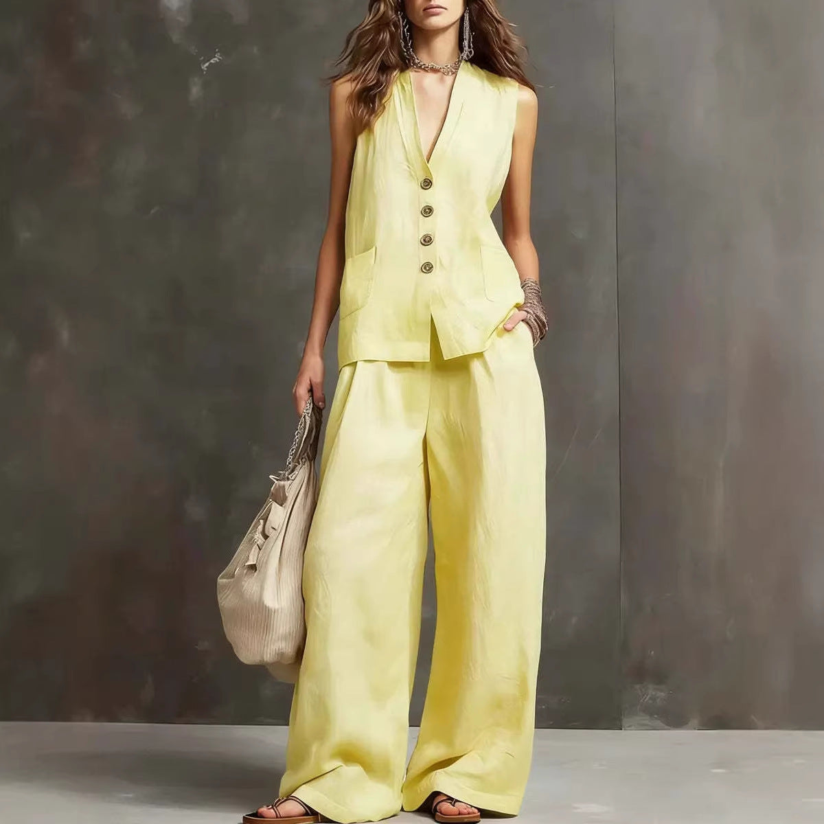 Two-Piece Cotton and Linen Set with Sleeveless Jacket and Wide Pants