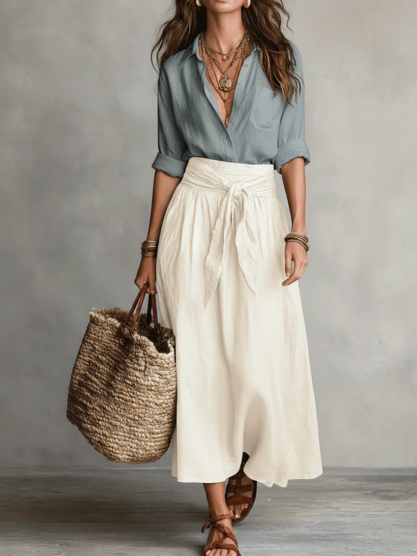 Vera – Two-Piece Set: Black Shirt and Olive Green Midi Skirt