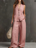 Two-Piece Cotton and Linen Set with Sleeveless Jacket and Wide Pants