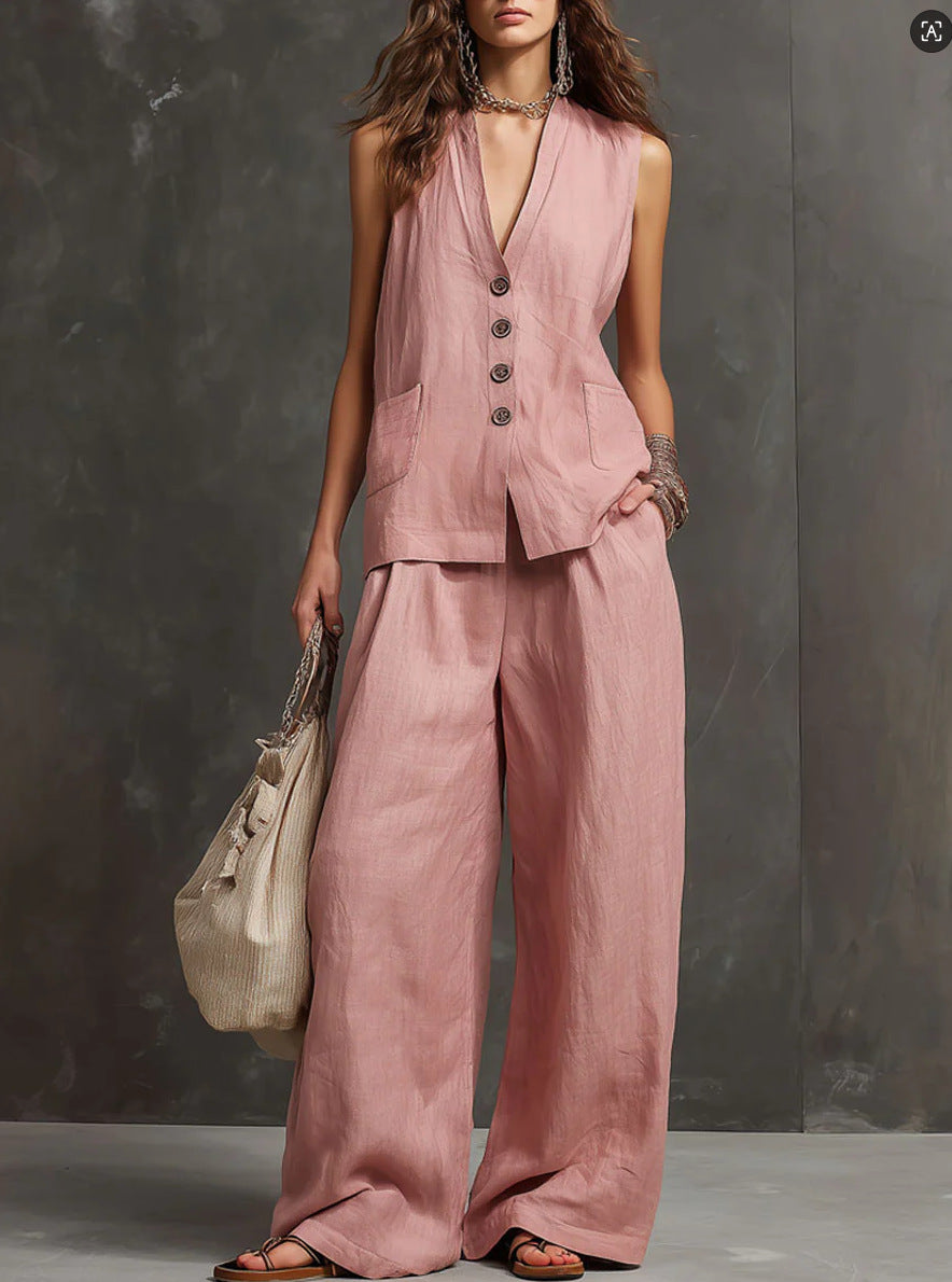 Two-Piece Cotton and Linen Set with Sleeveless Jacket and Wide Pants