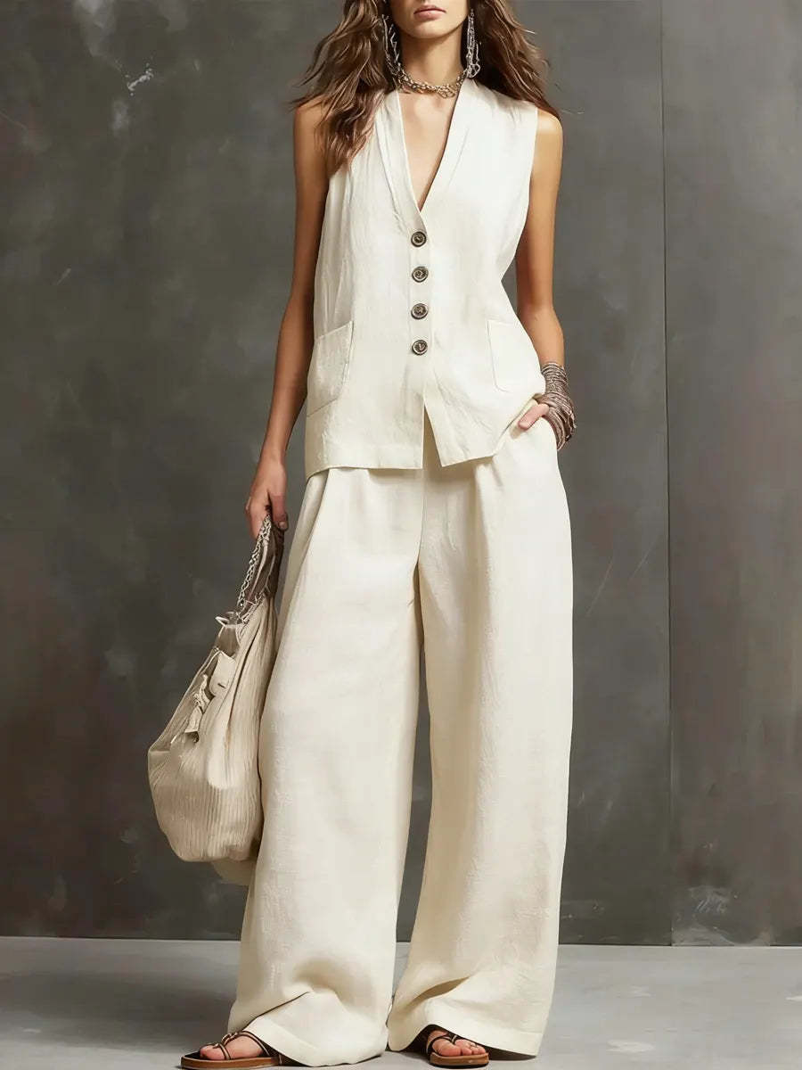 Two-Piece Cotton and Linen Set with Sleeveless Jacket and Wide Pants