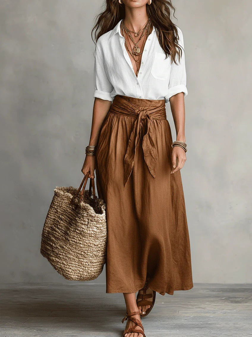 Vera – Two-Piece Set: Black Shirt and Olive Green Midi Skirt