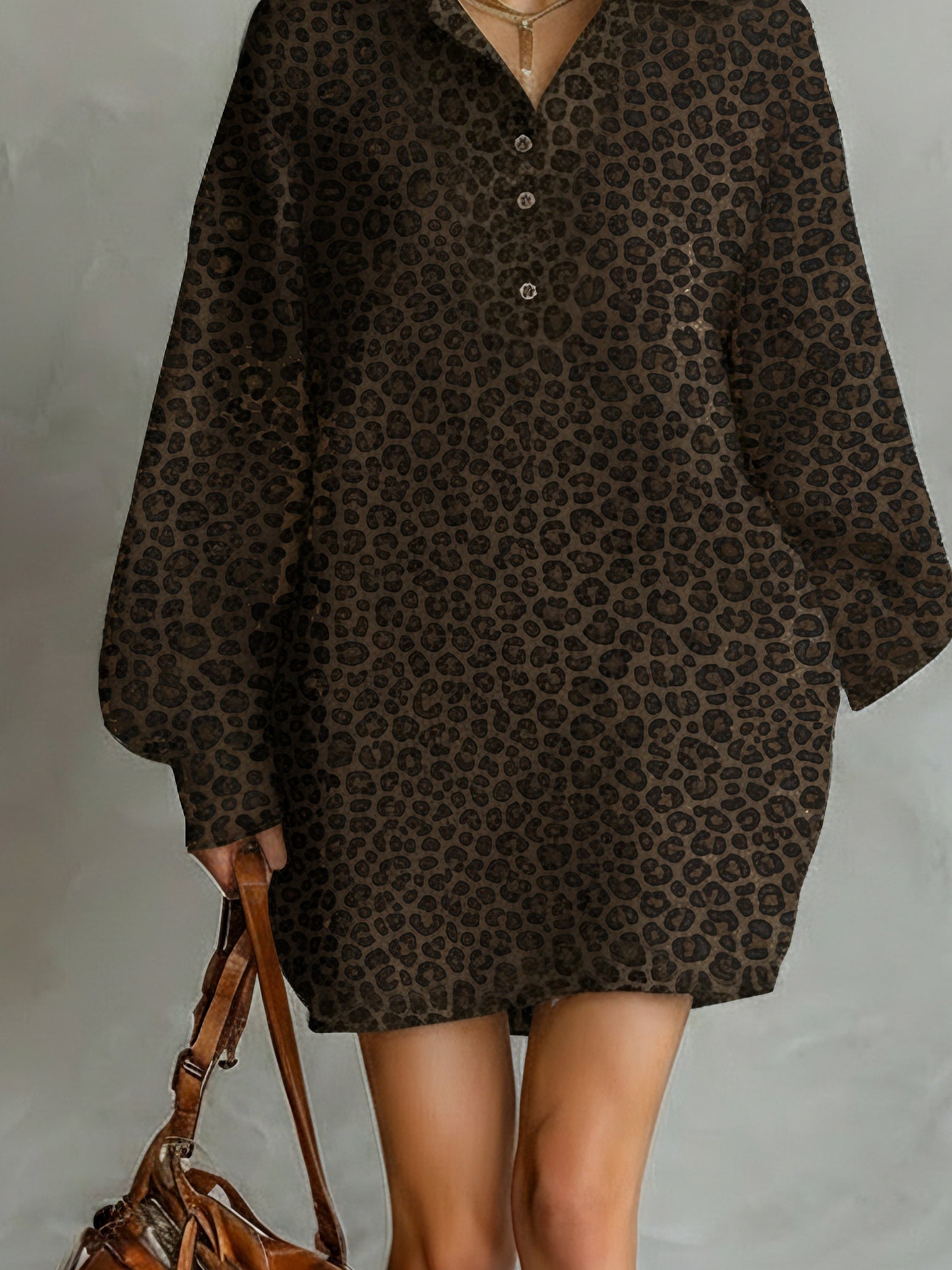 Fashionable Women's Dresses in Brown with Loose Tiger Print, Open Collar, and Long Sleeves MDA1895L2AN