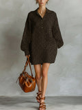 Fashionable Women's Dresses in Brown with Loose Tiger Print, Open Collar, and Long Sleeves MDA1895L2AN