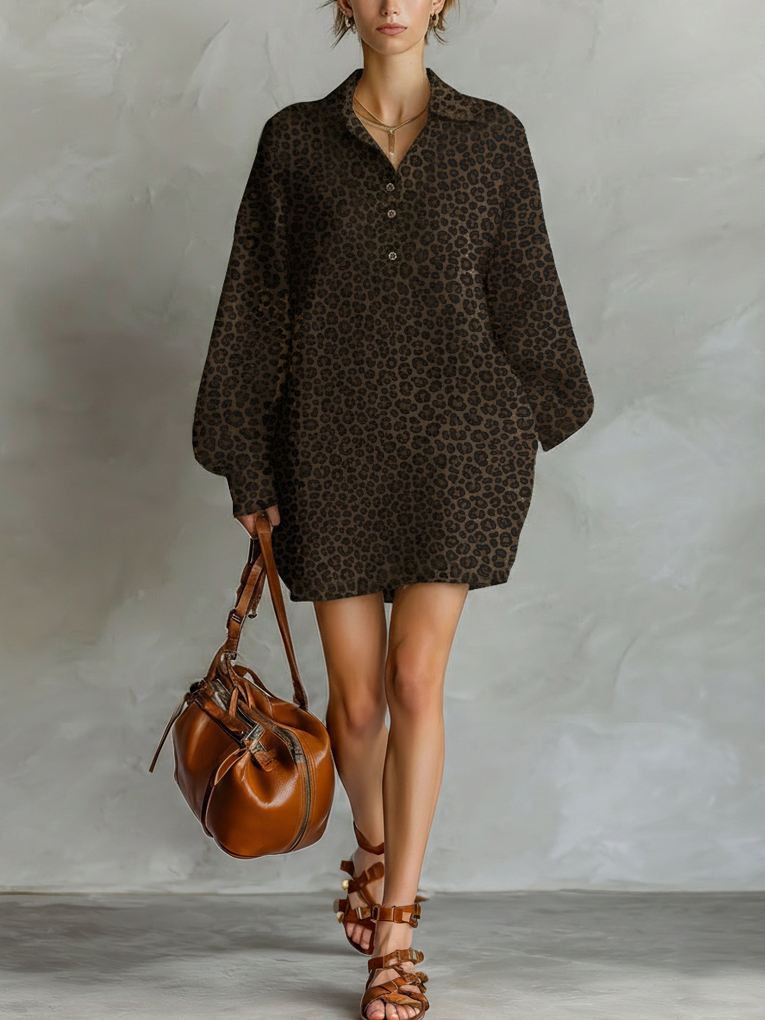 Fashionable Women's Dresses in Brown with Loose Tiger Print, Open Collar, and Long Sleeves MDA1895L2AN