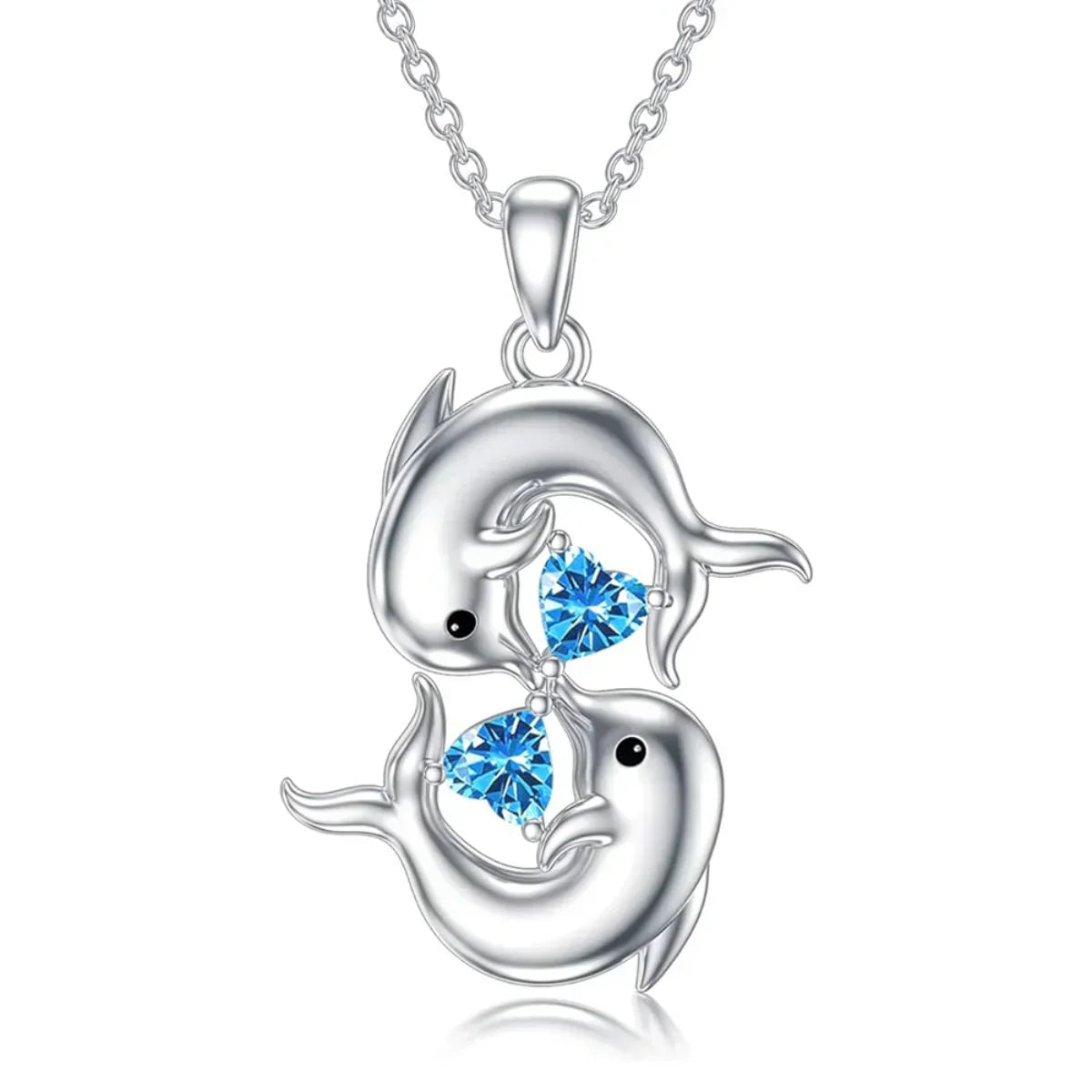 Silver collar with double dolphins and blue crystal stone