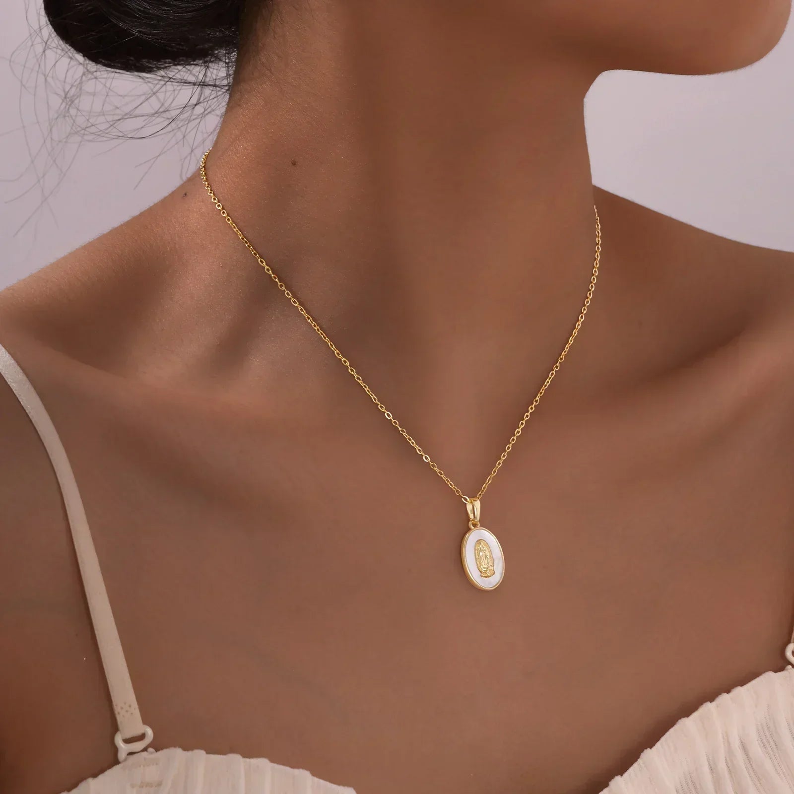 Gold Virgin Mary Oval Pendant Necklace