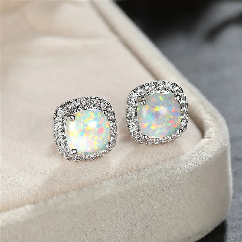Elegant Silver Earrings with Round White Opal