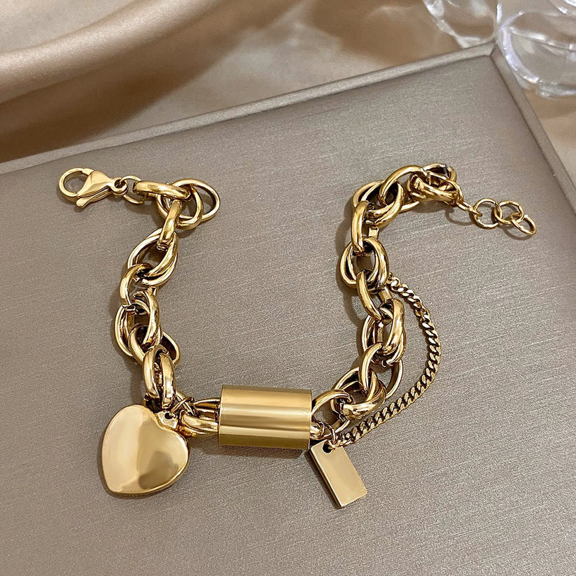 Thick Heart-Shaped Gold Bracelet
