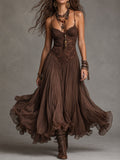 Maxi chiffon dresses with lace panels in dark brown