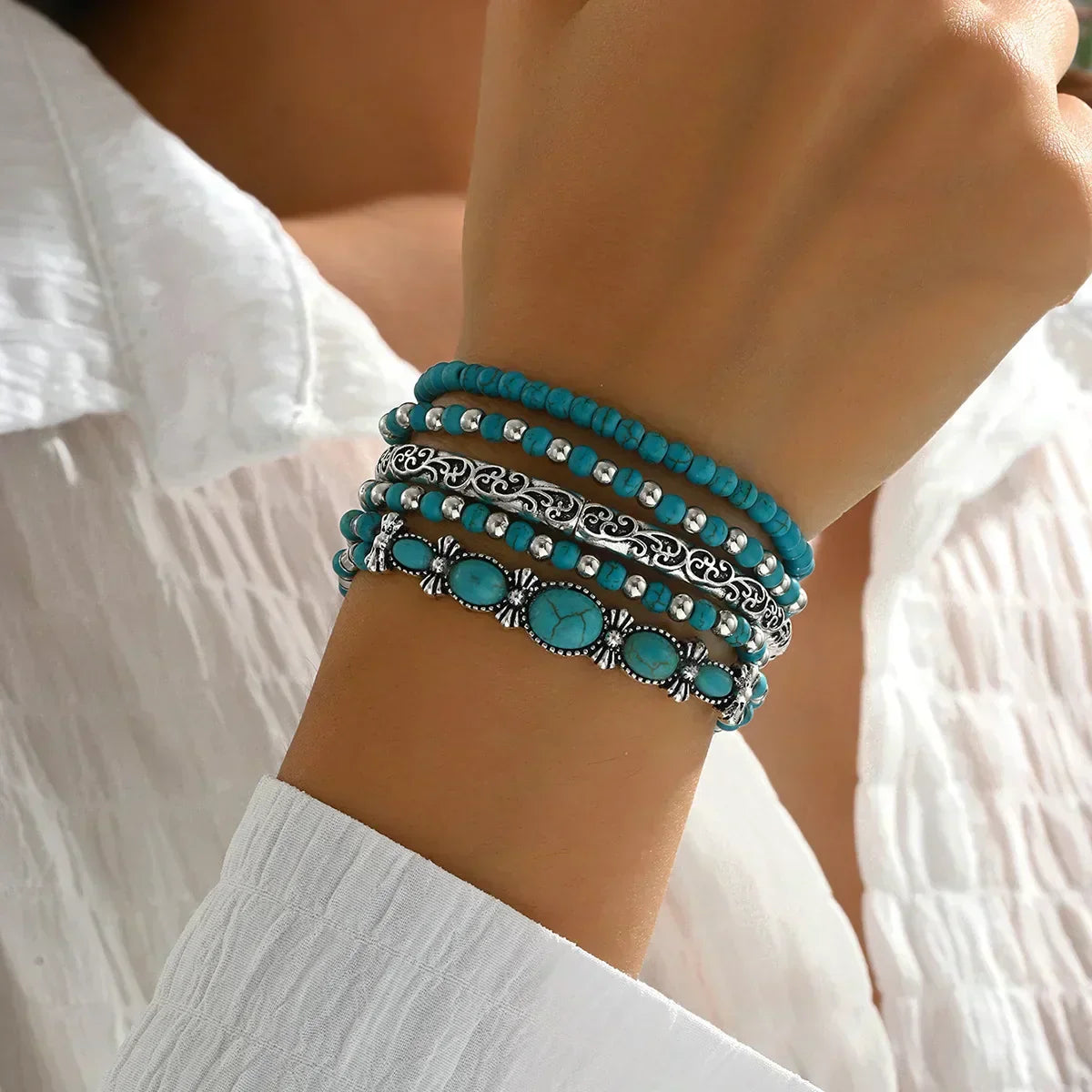 Boho Bracelet Set with Turquoise Pearls