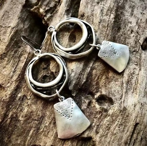 Vintage Square Drop Silver Earrings